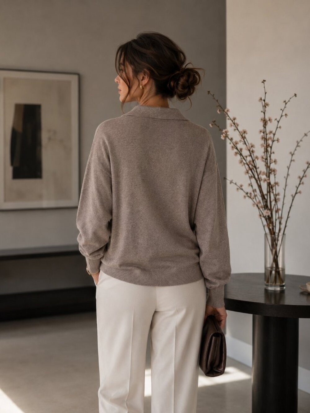R Label Wool Cashmere Sweater Polo Collar Taupe Pullover Women's Large L Soft - Picture 2 of 7